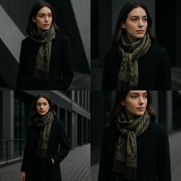 Vintage Pashmina-Style Jacquard Shawl – Olive & Black Reversible Wrap - Picture 2 of 15